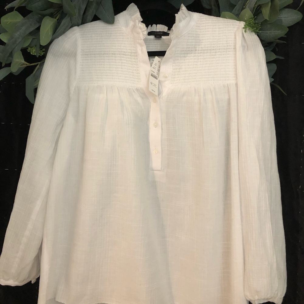 NWT! Super Cute! J. Crew Long Sleeve Top With Mandarin Collar in White